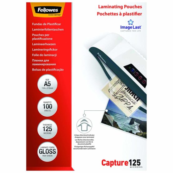 Fellowes Capture A5 125 Micron Glossy Laminating Pouches (Pack of 100)