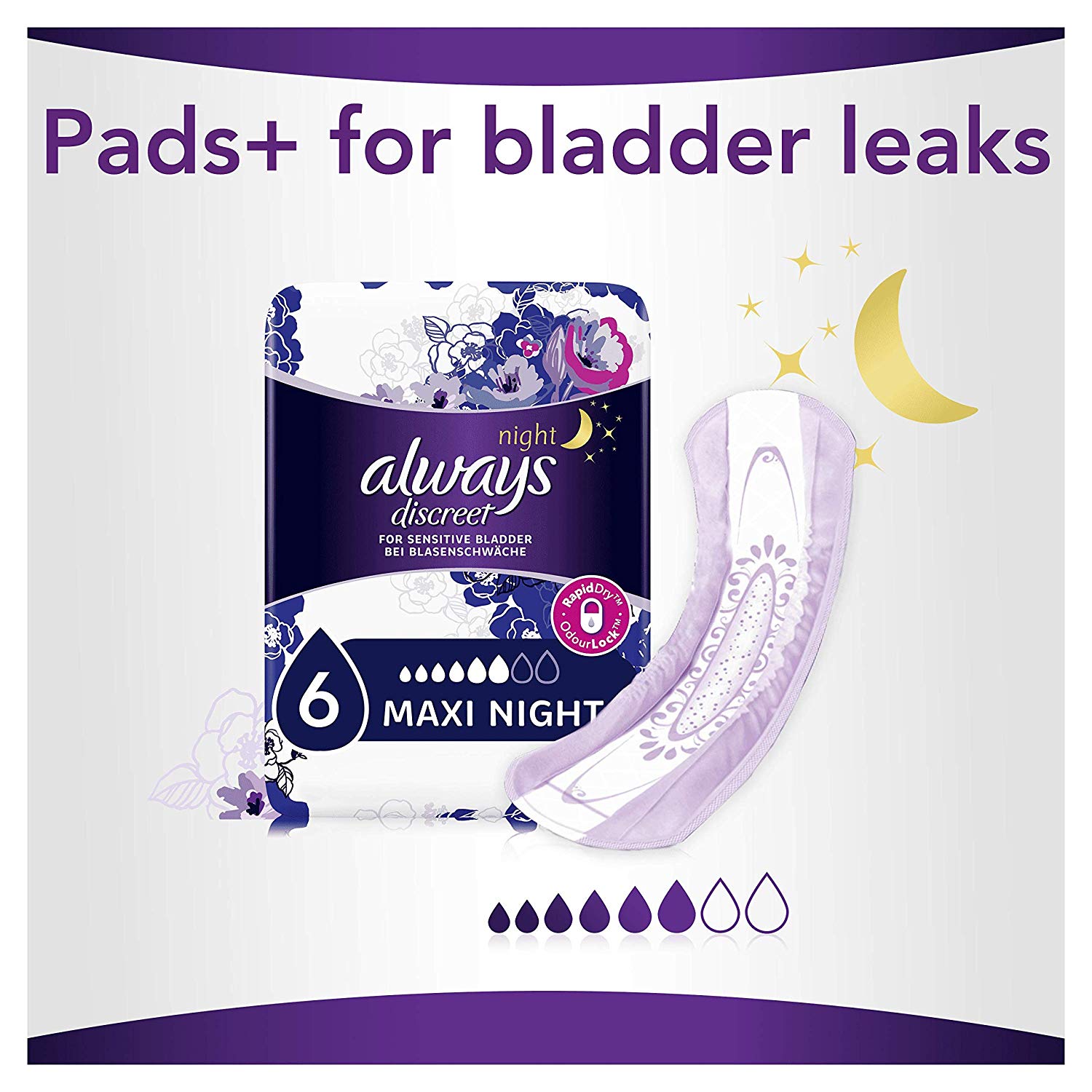 Always Discreet Incontinence Pads Women, Maxi Night Pads, 36 High Absorbency Pads (6 x 6 Packs), Odour Neutraliser - Image 2