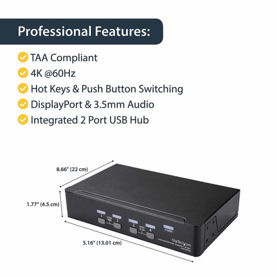 StarTech 4 Port DisplayPort KVM Switch - 4K 60Hz - Single Display - Dual Port UHD DP 1.2 USB KVM Switch with Integrated USB 2.0 Hub & Audio - Dell, HP, Apple, Lenovo - TAA Compliant (SV431DPUA2) - Image 2