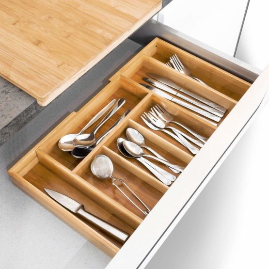Relaxdays Expendable Bamboo Kitchen Drawer Insert Organiser, Wood, Brown - Image 2
