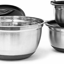 Relaxdays BOWLY, Set of 3, Diameters: 17/21 / 25.5 cm, Mixing Set Stainless Steel with Aroma Protective Salad Serving Bowl with Fresh-Preserving Lid, Silver, 25.5 x 25.5 x 14.5 cm