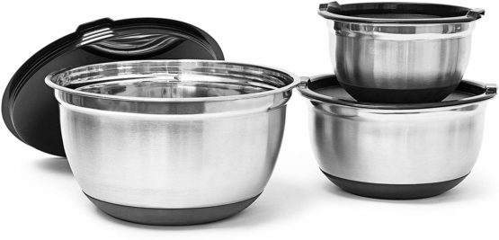 Relaxdays BOWLY, Set of 3, Diameters: 17/21 / 25.5 cm, Mixing Set Stainless Steel with Aroma Protective Salad Serving Bowl with Fresh-Preserving Lid, Silver, 25.5 x 25.5 x 14.5 cm