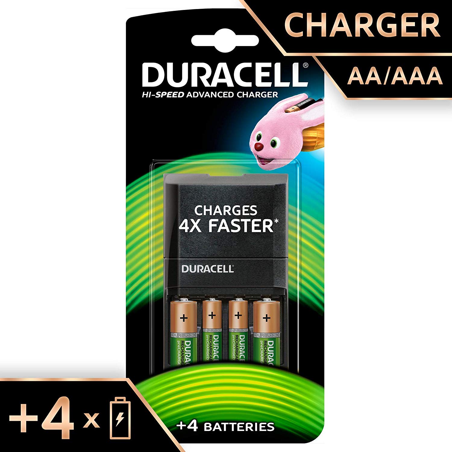 DURACELL Hi-Speed Battery Charger, 45 minutes, Compatible with AA and AAA NiMh Batteries, 2x AA 1300mAh and 2x AAA 750 mAh