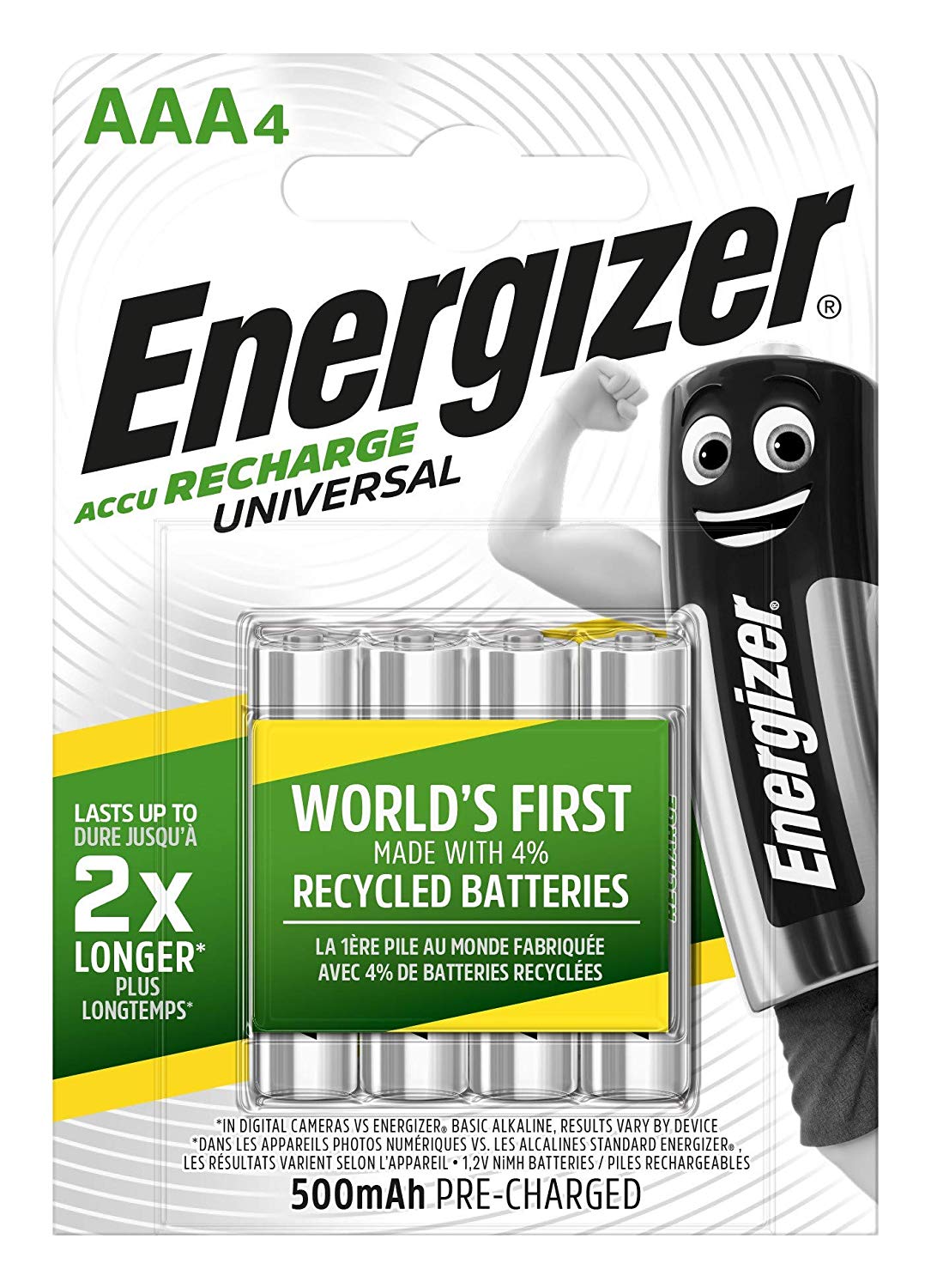 Energizer Recharge Universal, Rechargeable Batteries AAA (4 Pack), 600 mAh NiMH Triple A Battery