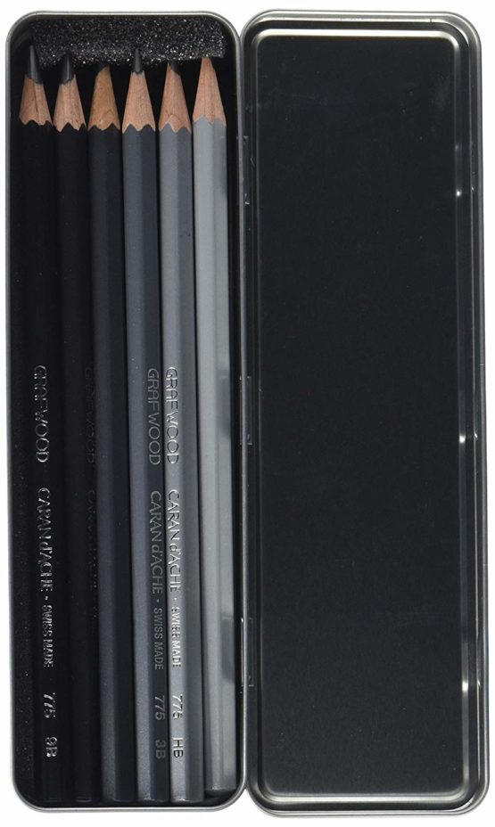 Caran d'Ache Graphite Line metal box with 1 each 9B, 7B, 5B, 3B, HB, and 2H, gray, 775.306 - Image 2