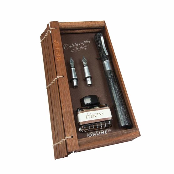Online calligraphy fountain pen Newood │ calligraphy pen │ natural Wawa wood in black │ 3 stroke widths 0.8 1.4 and 1.8 mm │ set including one ink jar with brown ink (15ml) │ for Bullet Journal etc.