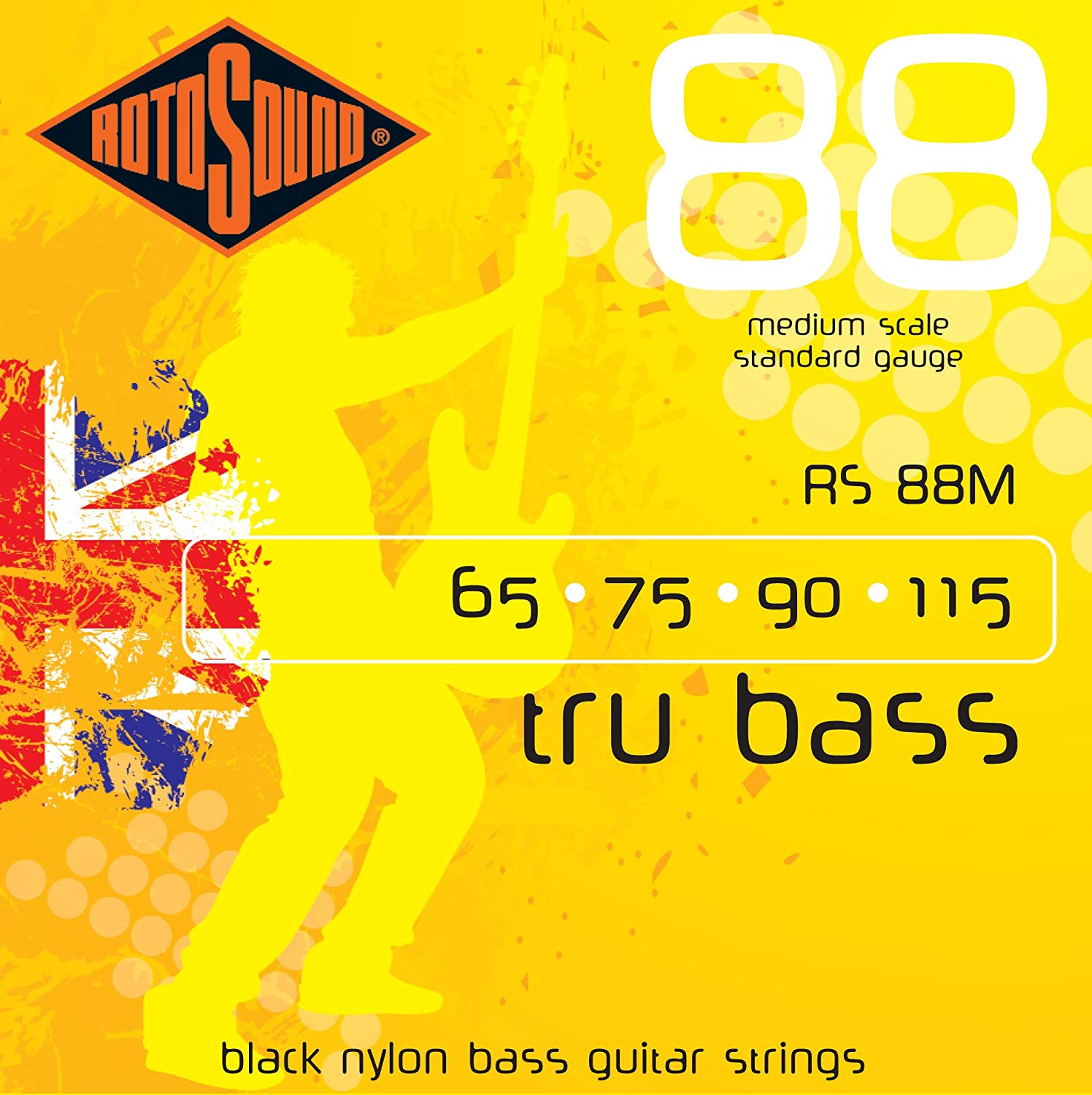 Rotosound RS88M Black Nylon Standard Gauge Flatwound Medium Scale (65 75 90 115), Black,Yellow