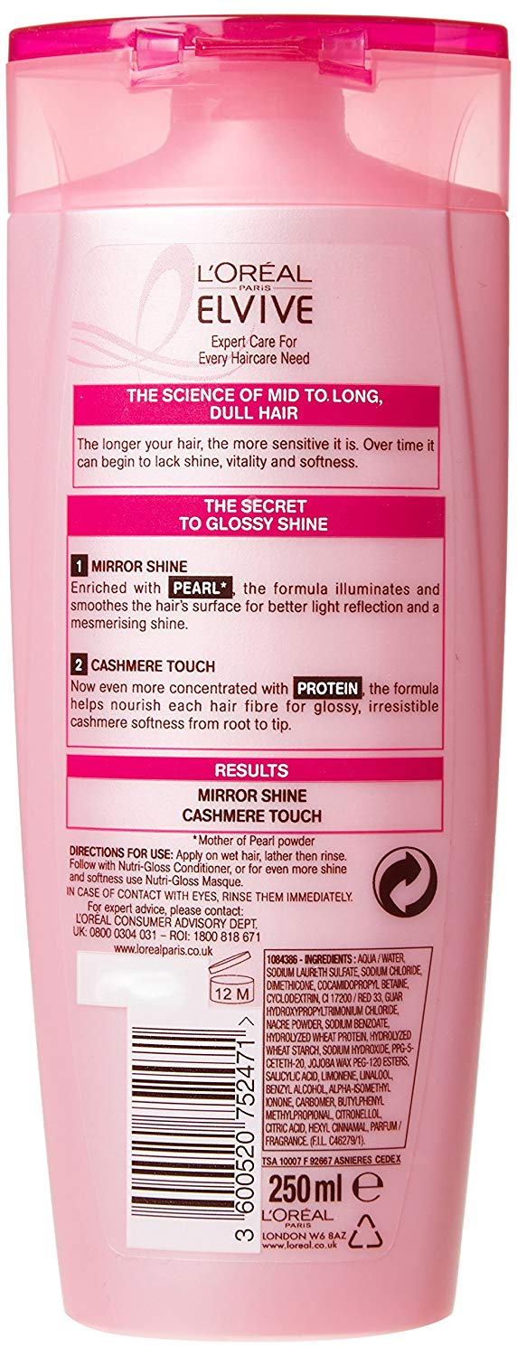 L'Oreal Elvive Nutri Gloss Shine Shampoo 250ml Pack of 6, Pink, 250 ml (Pack of 6) - Image 2