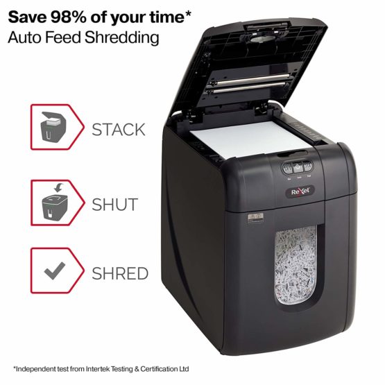 Rexel Auto+ 130M 2104100A Auto Feed 130 Sheet Micro Cut Shredder for Personal or Executive Use (Up to 2 Users), 26 Litre Removable Bin, Includes Shredder Oil Sheets, Black - Image 2