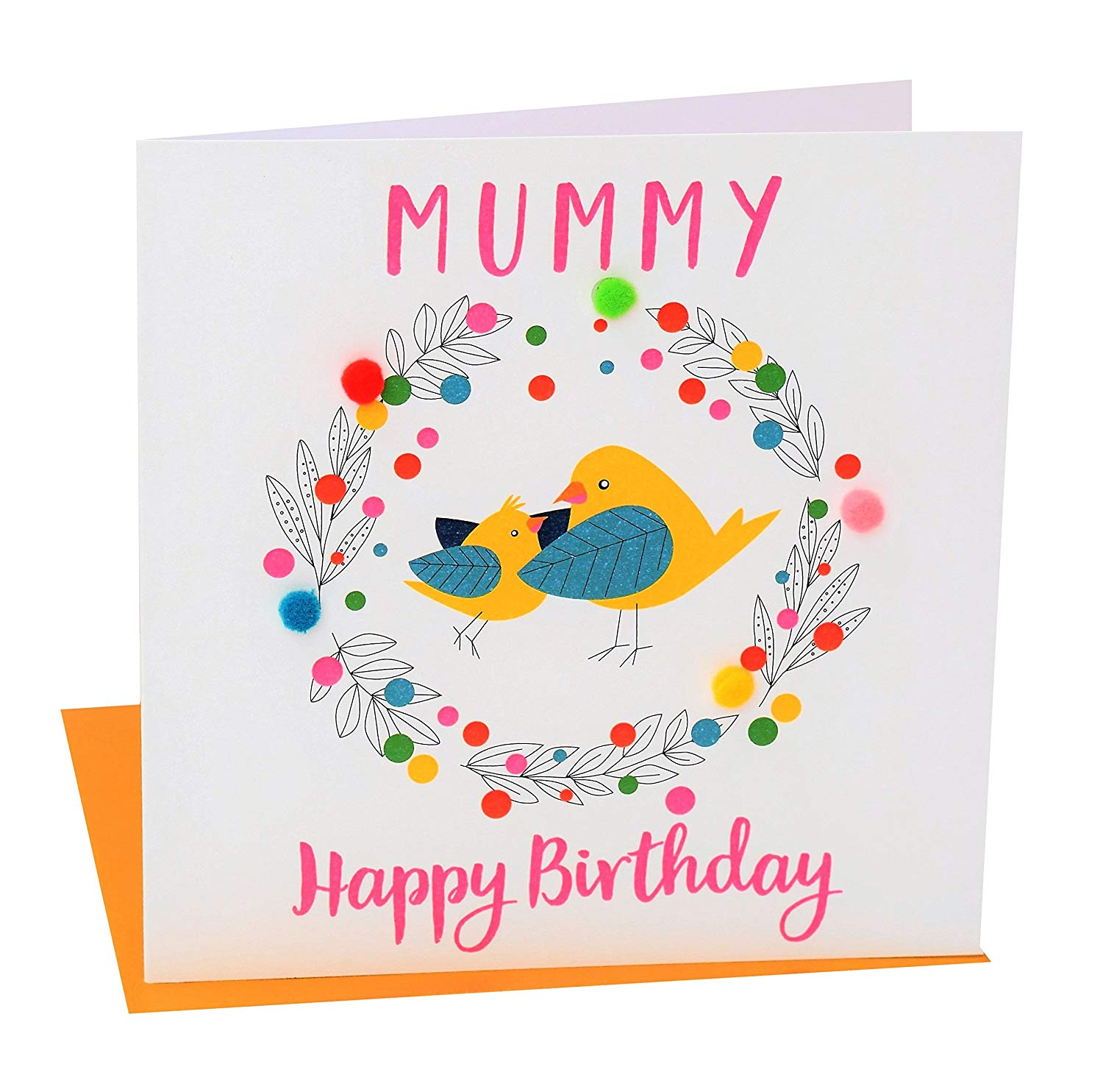 Claire Giles Greeting Cards, Happy Birthday Mummy Card, Mummy Bird design Birthday Greeting Card, Embellished with colourful Pompoms