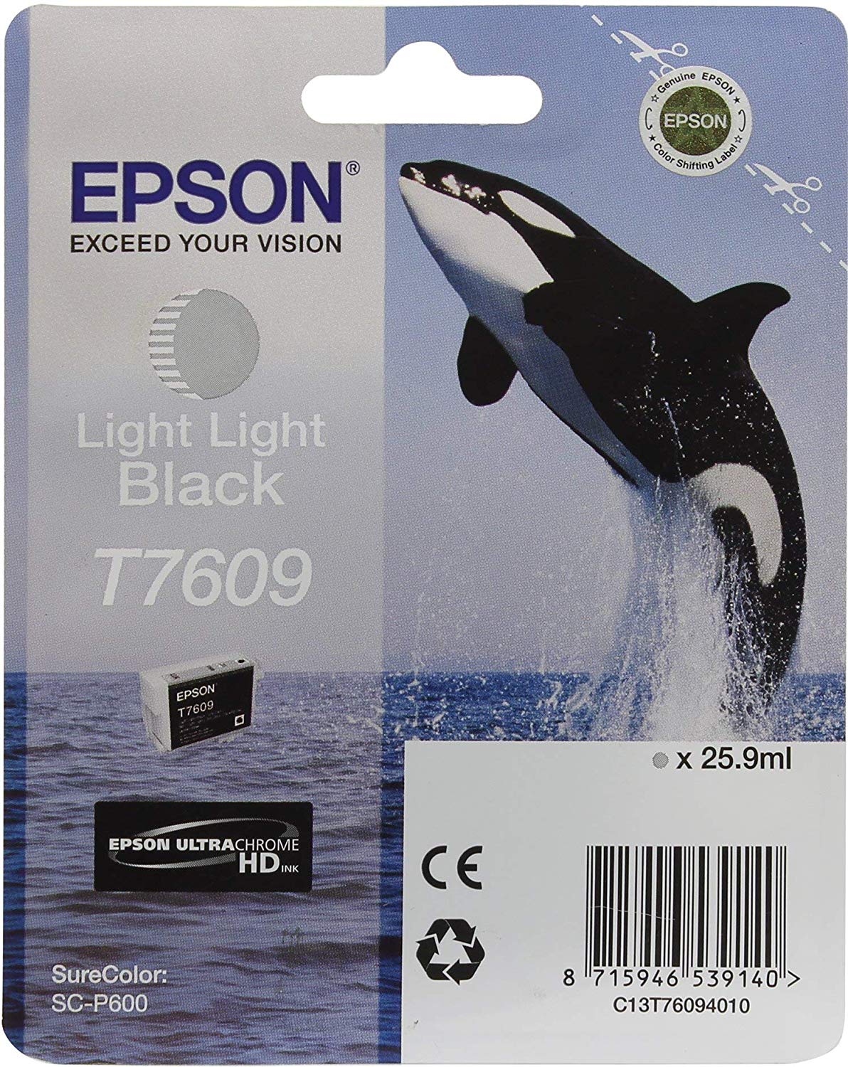 Epson Killer Whale T7609 Ink Cartridge, Light Light Black, Genuine