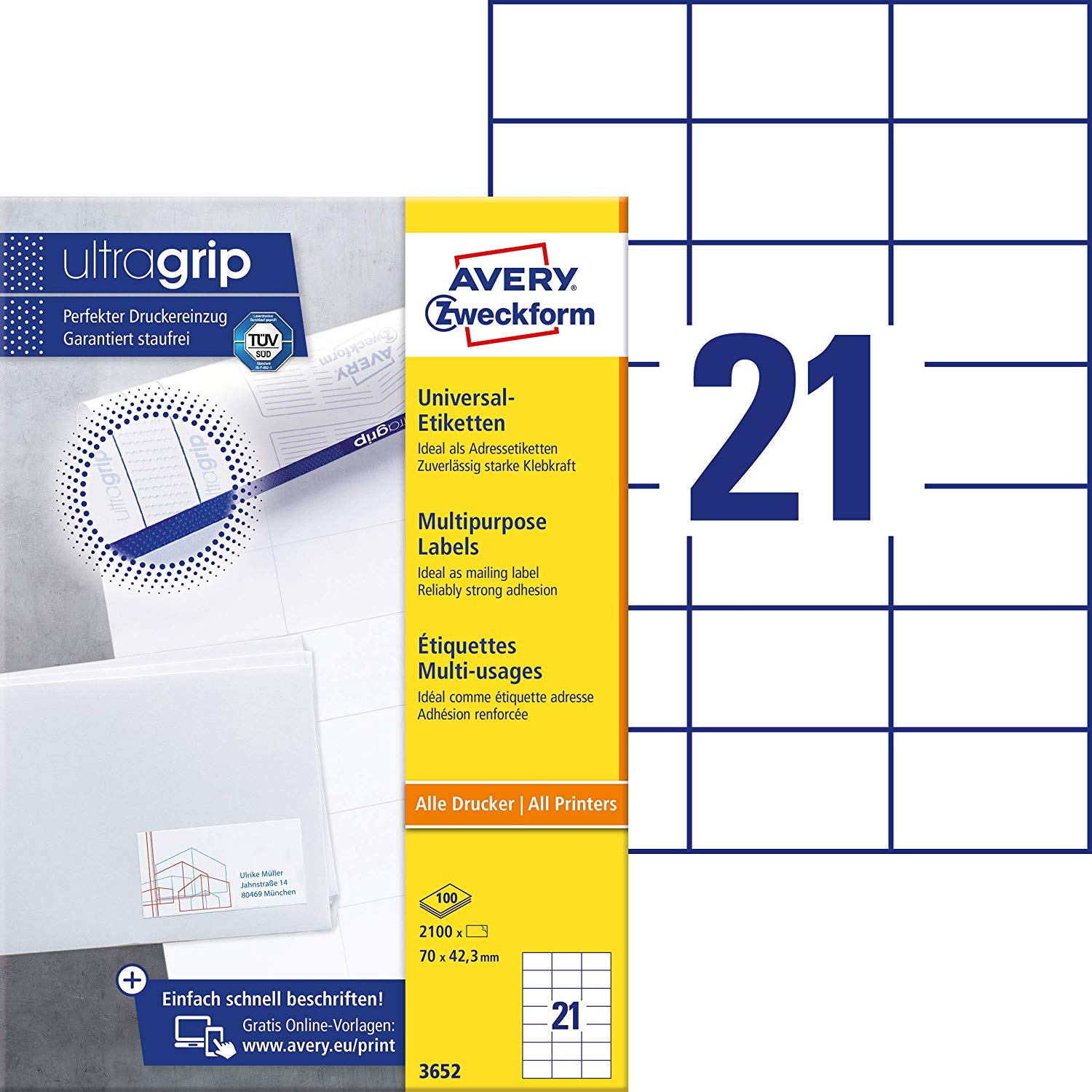 Avery Zweckform 3652 Address Labels A4 Matte Paper 2,100 Labels 70 x 42.3 mm Pack of 100 Sheets White, 2100 Etiketten