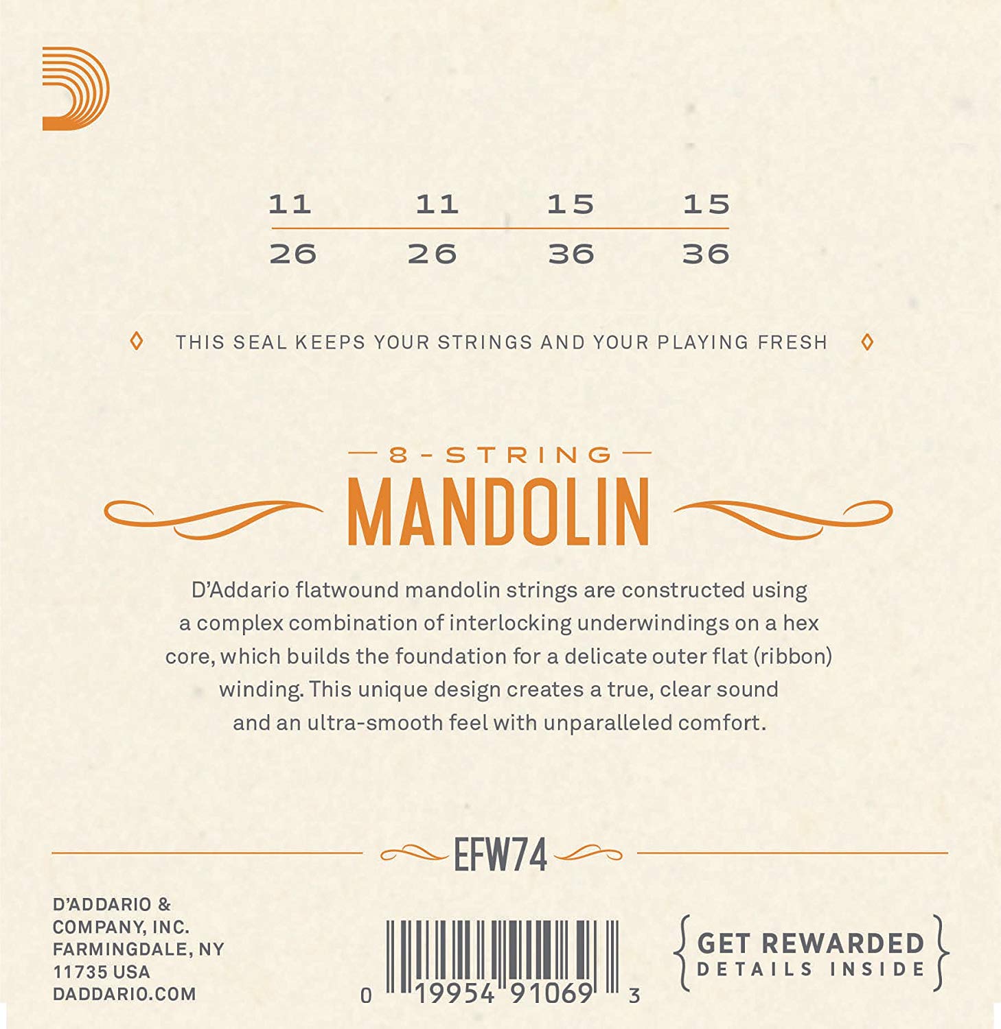 D'Addario EFW74 11-36 Medium Flatwound Mandolin Strings - Phosphor Bronze, Stainless Steel, Medium, 11-36 - Image 2