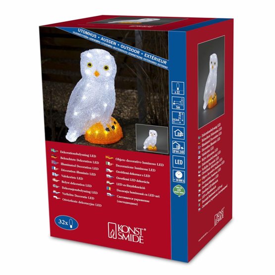 Konstsmide Outside Lights LED Acrylic Decoration "Small Owl" / Outdoor Lighting (IP44) / 32 Ice White LEDs / Transparent Cable