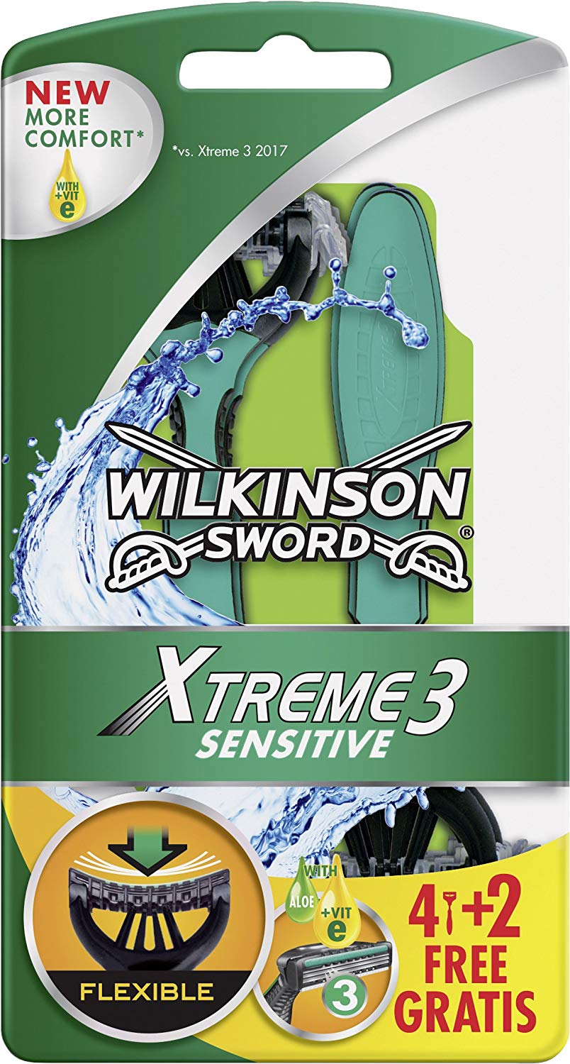 Wilkinson Sword Xtreme 3 Sensitive Disposable Razors, Pack of 6, green,black, 1 count (Pack of 6)