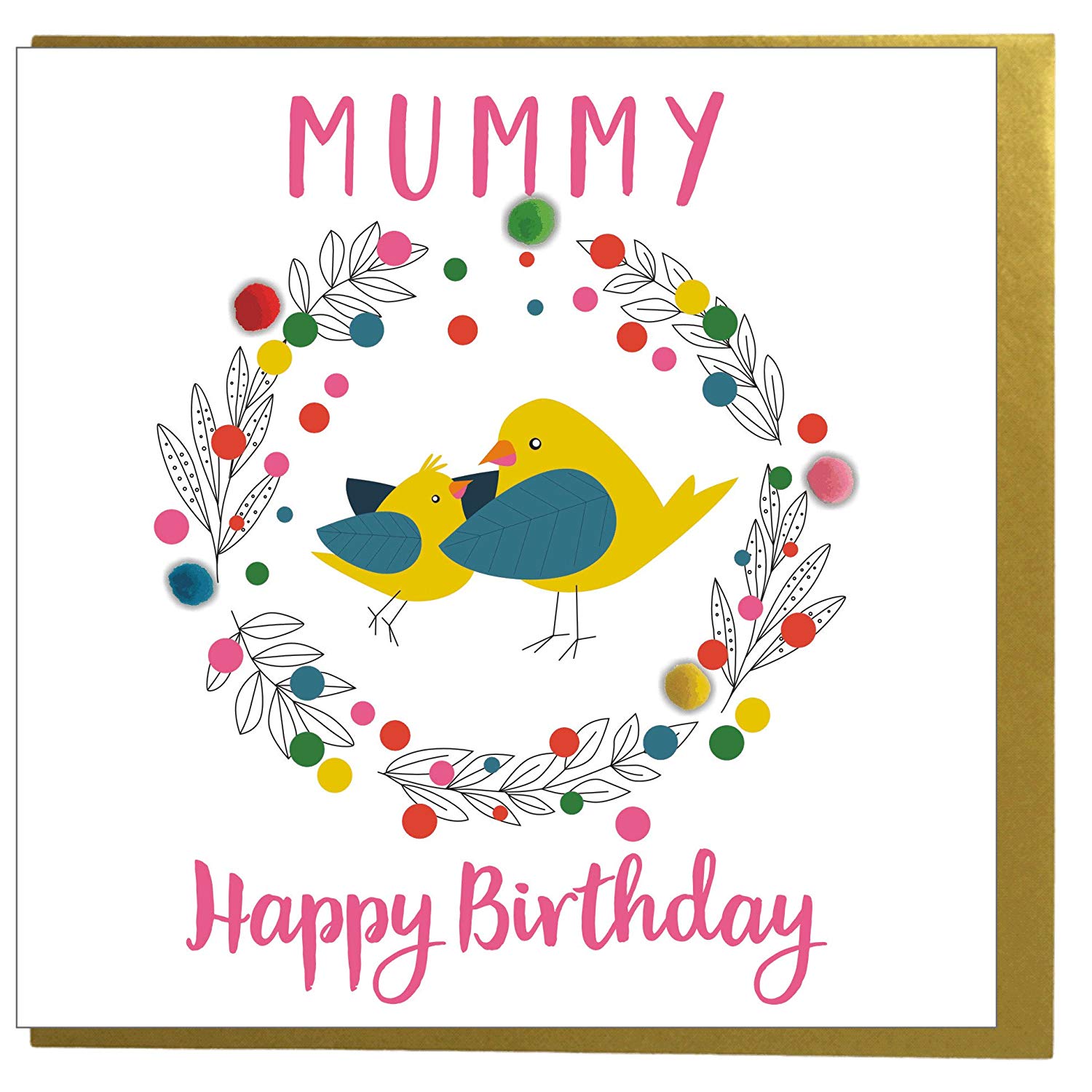 Claire Giles Greeting Cards, Happy Birthday Mummy Card, Mummy Bird design Birthday Greeting Card, Embellished with colourful Pompoms - Image 3