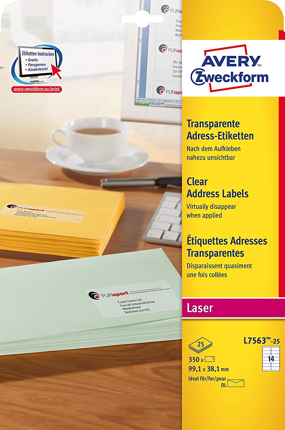 Avery Zweckform L7563-25 Universal Address Labels 25 Sheets / 350 Labels / 99.1 x 38.1 mm/Transparent, Clear, 25 Blatt - Image 2