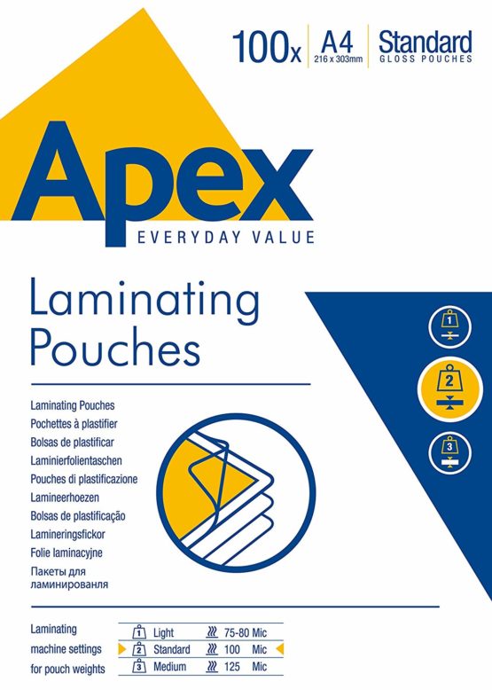 Fellowes Apex (A4) 100 Micron Laminating Pouches (Clear) - 100 Pack