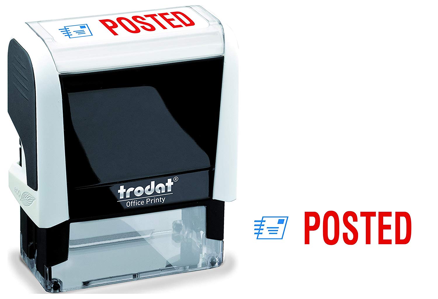 Trodat Stamp 4912 Office Printy with English Text POSTED, Self Inking, Red and Blue Ink, 18 x 46 mm, White Body, Red/Blue Ink