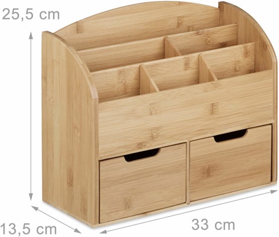 Relaxdays Bamboo Desk Organiser, Letter Holder, 6 Compartments, 2 Drawers, Wood Grain, 25.5 x 33 x 13.5 cm, Natural Brown, 13.5 x 33 x 25.5 cm - Image 2