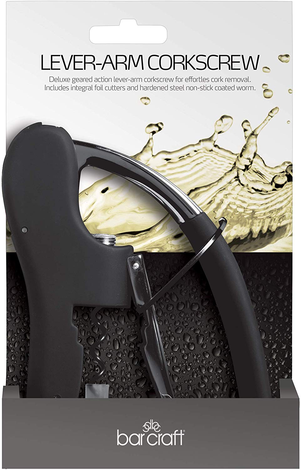 BarCraft Deluxe Corkscrew, Wine Bottle Opener with Built-in Foil Cutter, Black & Chrome, Silver - Image 2