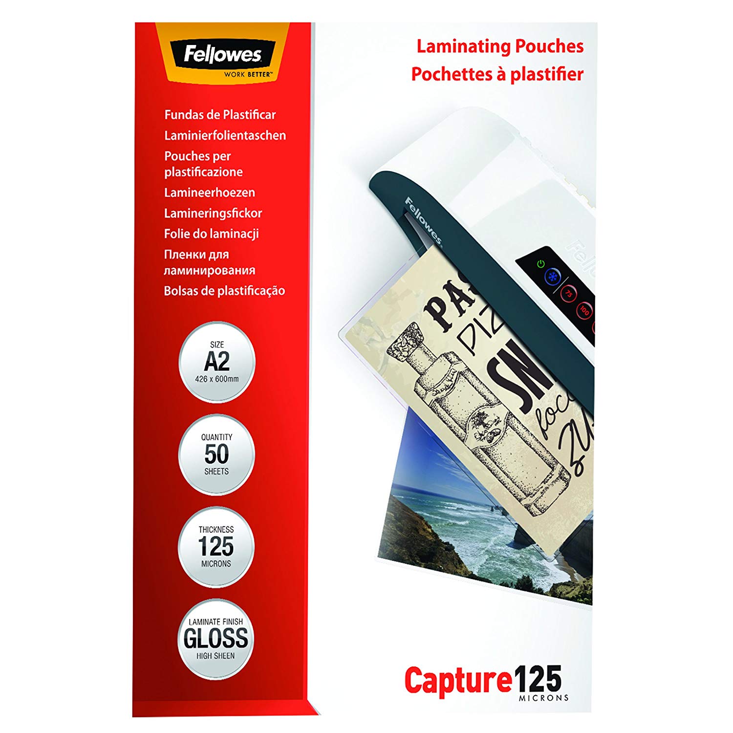 Fellowes Capture A2 125 Micron Glossy Laminating Pouches (Pack of 50), Transparent, A2 / 125 micron