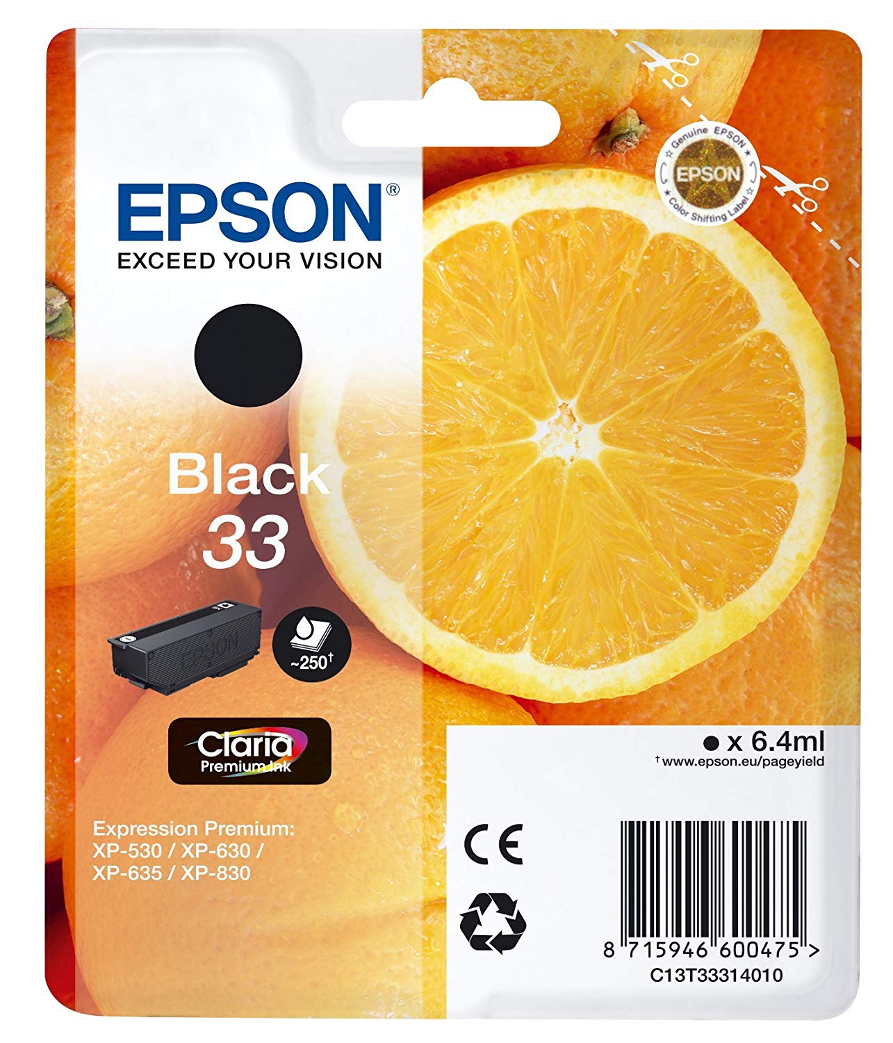 Epson 33 Black Oranges, Genuine, Claria Premium Ink, Standard