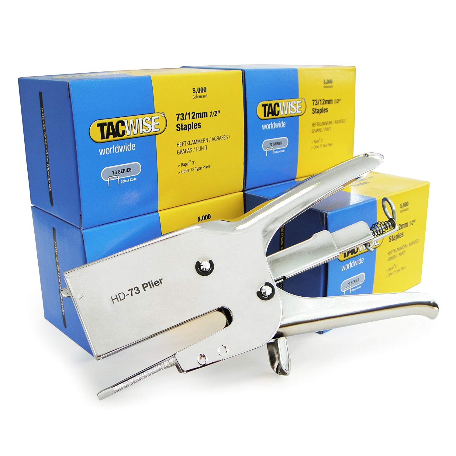 Tacwise 1199 HD-73 Heavy Duty Plier Stapler with 5 Boxes of 5,000 73/12mm Staples, Chrome, 25,000 Staples