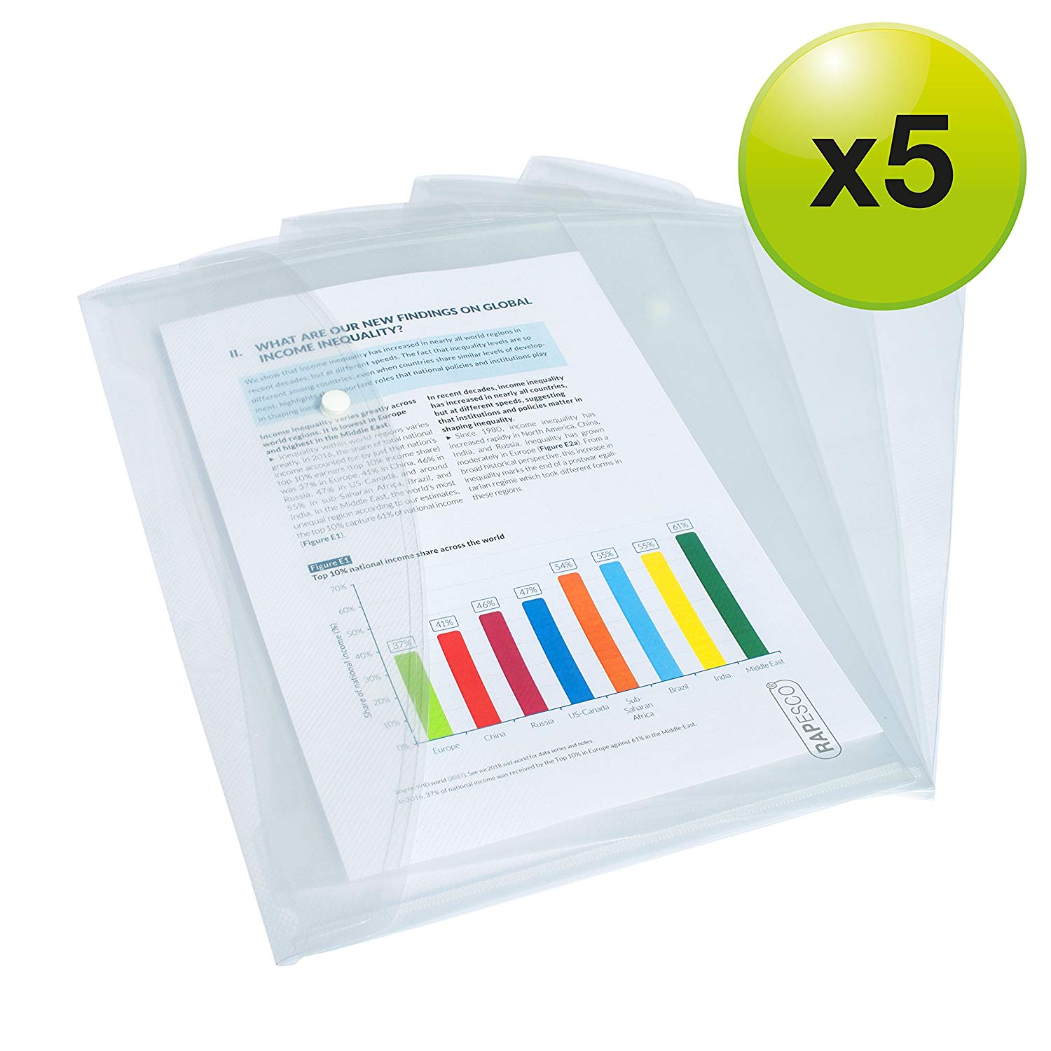 Rapesco 0695 ECO Recycled Popper Wallets, A4+, Clear Transparent, Pack of 5