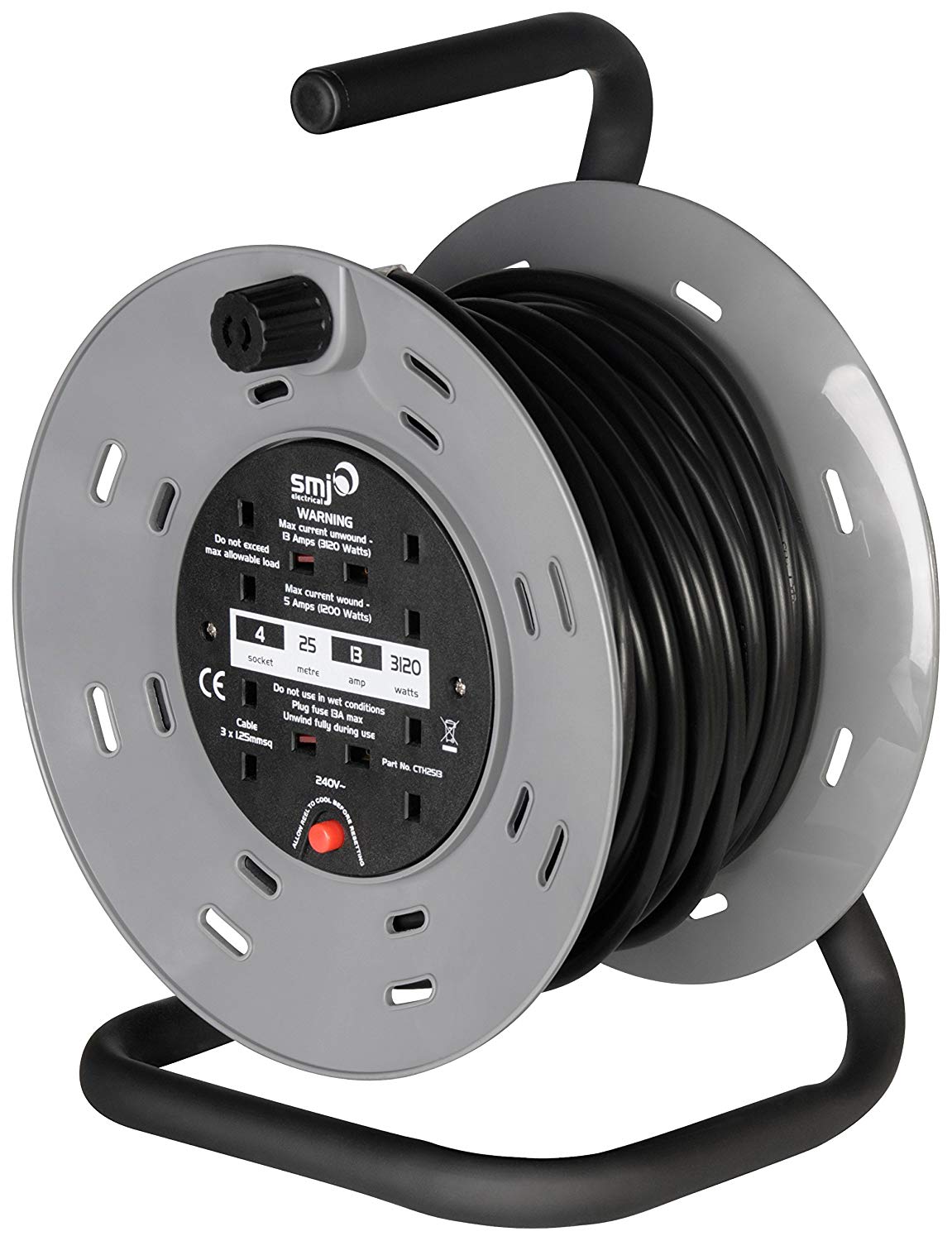 Deta SMJ CT Heavy Duty Drum Extension Lead, 4 Socket, 25 Metre, 13 Amp (CTH2513), Black/Grey, 25 meter