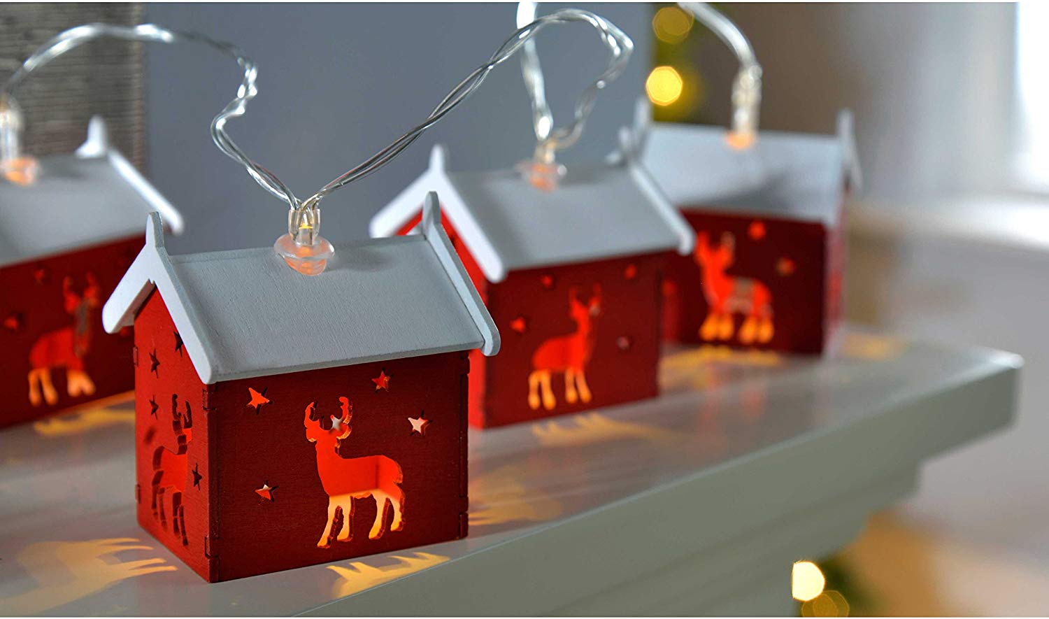 WeRChristmas Reindeer Wooden House Light String with 10-LED - Red - Image 3