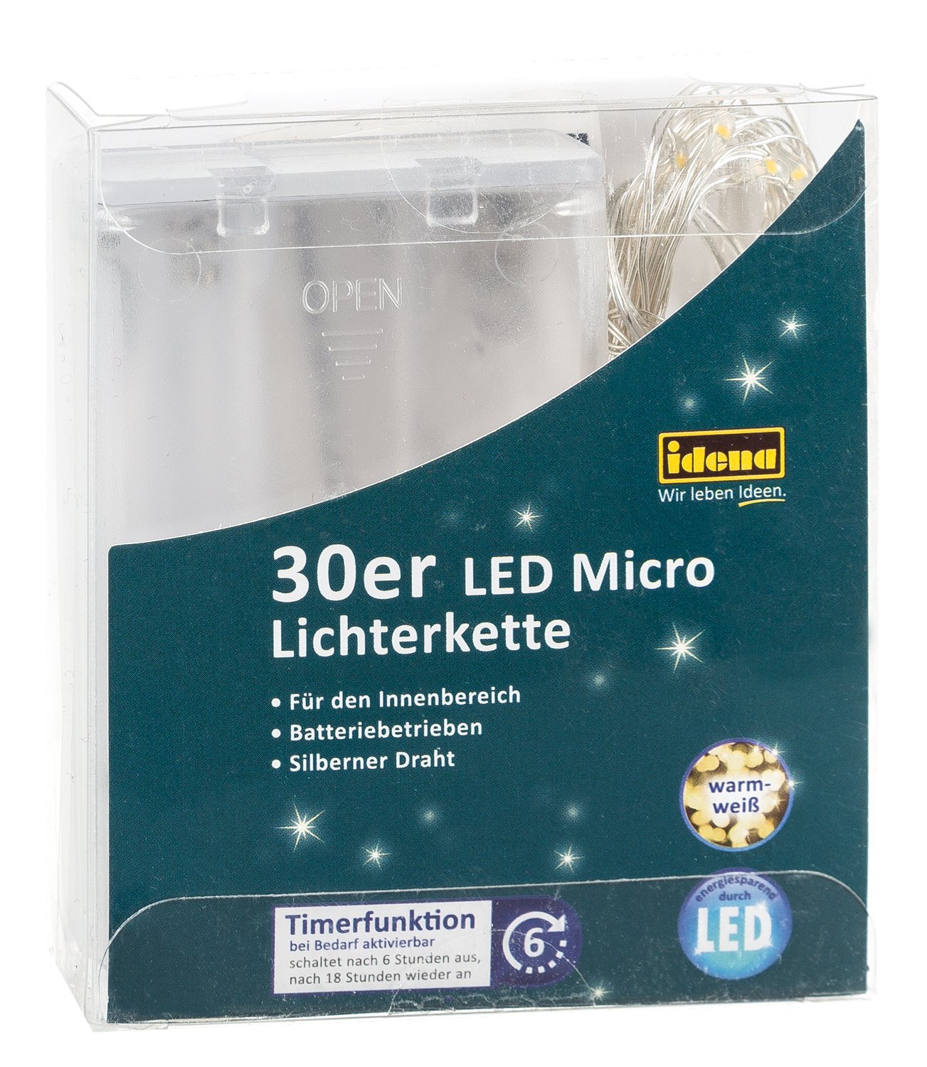 Idena 31824 LED Micro Fairy Lights with 30 LEDs in Warm White, with 6 Hour Timer Function, Battery Operated