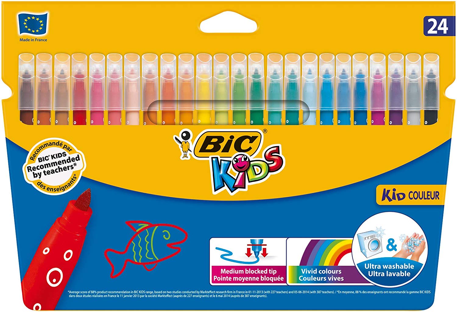 BIC Kids Felt Tip Pens, Kid Colour with Medium Blocked Tip, Vivid Colouring Pens, Washable Markers, Back to School Supplies, 24 Pack
