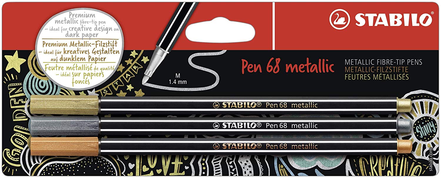 STABILO Pen 68 metallic - Premium Metallic Fibre-Tip Pen - Pack of 3 - Gold, Silver, Copper, Gold/Silver/Copper