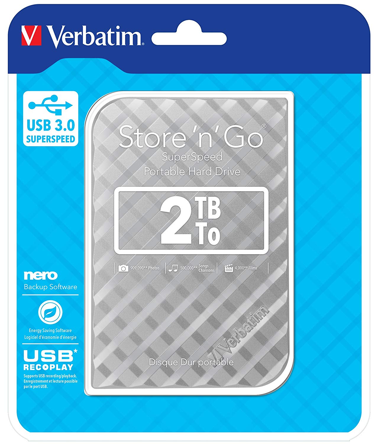 Verbatim Store 'n' Go - 2 TB, USB 3.0 Portable Hard Drive, External HDD, silver, 2TB