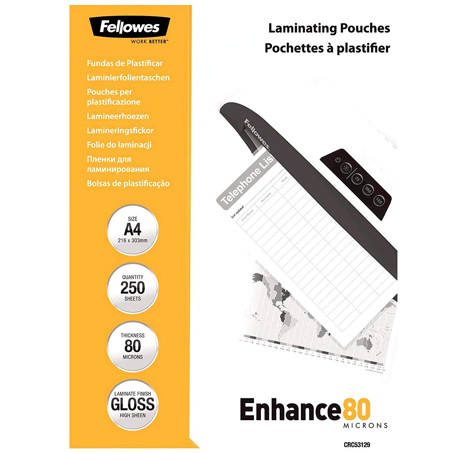 Fellowes A4 Laminating Pouches, Gloss Finish, 250 Sheets, 160 Micron (2x80) Clear & Durable Laminating Pouch