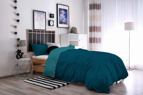 Italian Bed Linen Natural Color Duvet Cover Set with Doubleface Solid Colour Bag Sheet and Pillowcase, 100% Cotton, Petrol Bottle Green, single - Image 4