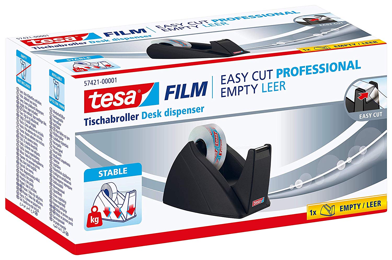 tesa Easy Cut Desk Dispenser Professional - Refillable, Nonslip Tape Dispenser for Adhesive Tape Rolls Up to 33 m x 19 mm - Black - Image 2