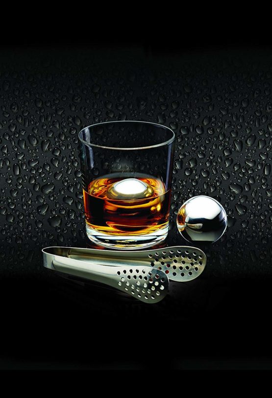 BarCraft Ice Ball Set, Stainless Steel, Pack of 2 Reusable Ice Cubes with Tongs and Storage Bag - Image 3