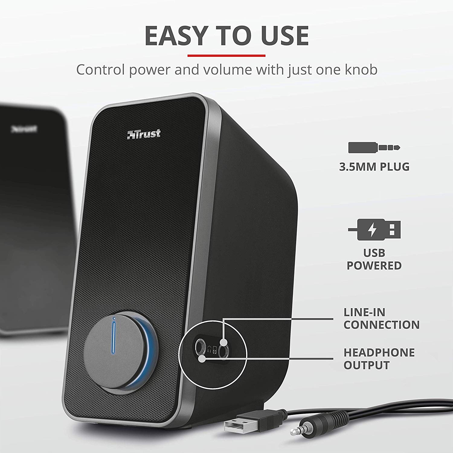 Trust Arys 2.0 PC Speakers, 28 W Peak Power, 3.5 mm Aux, USB Powered, Volume Control, Headphone Connection - Image 4