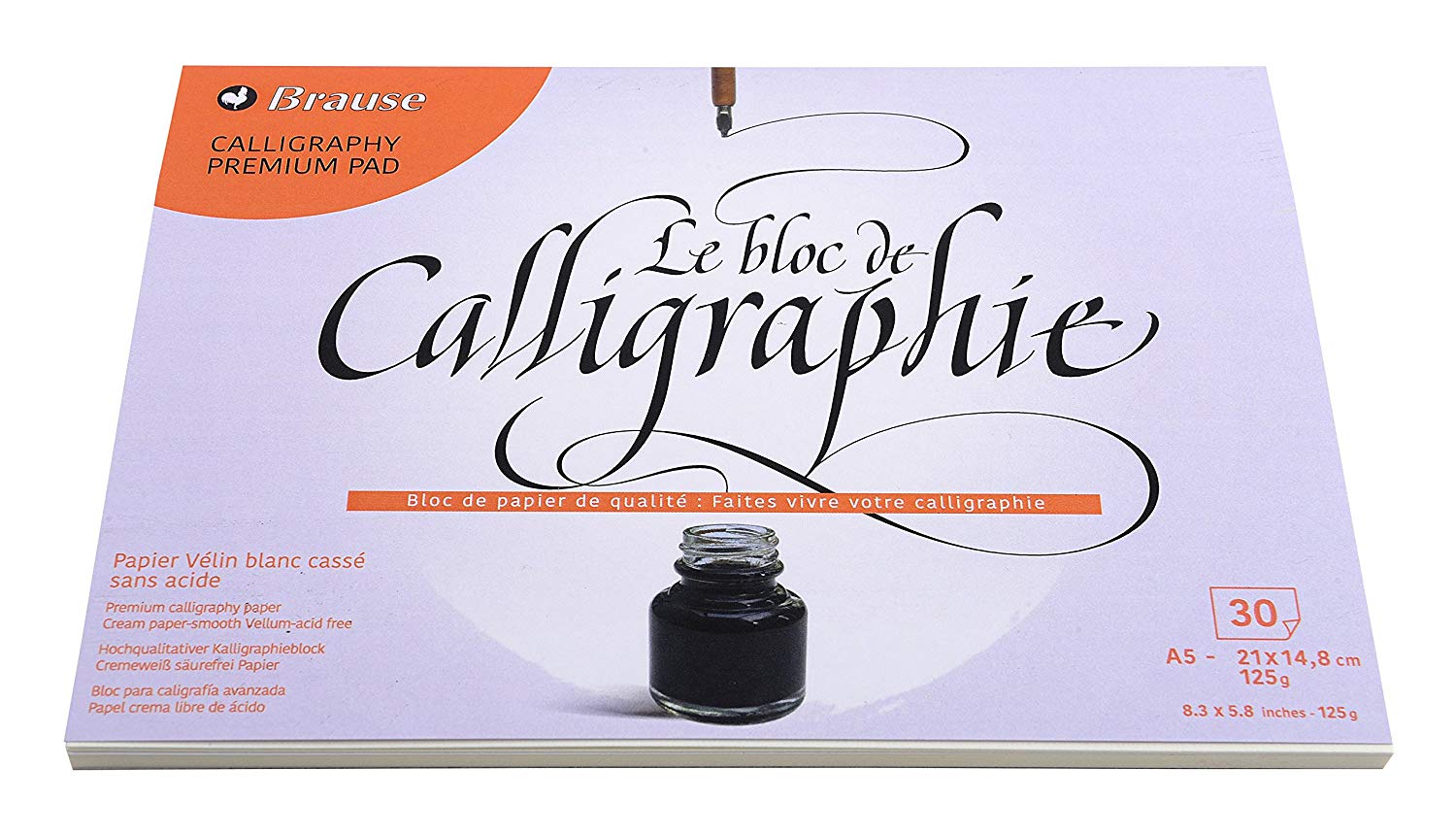 Brause 96438B, One glued calligraphy block, 30 off-white vellum sheets, Size 14.8cm x 21cm, 125g, Manufactured in Germany
