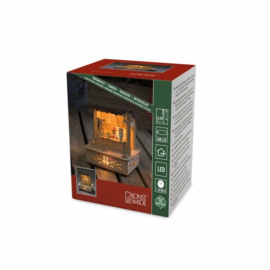 Konstsmide 2822-100 LED Wooden Market Stall “Christmas Shop” with Grey Roof Christmas Light,3 Warm White Diodes, Natural, 12.5 cm*9.5 cm*11.5 cm