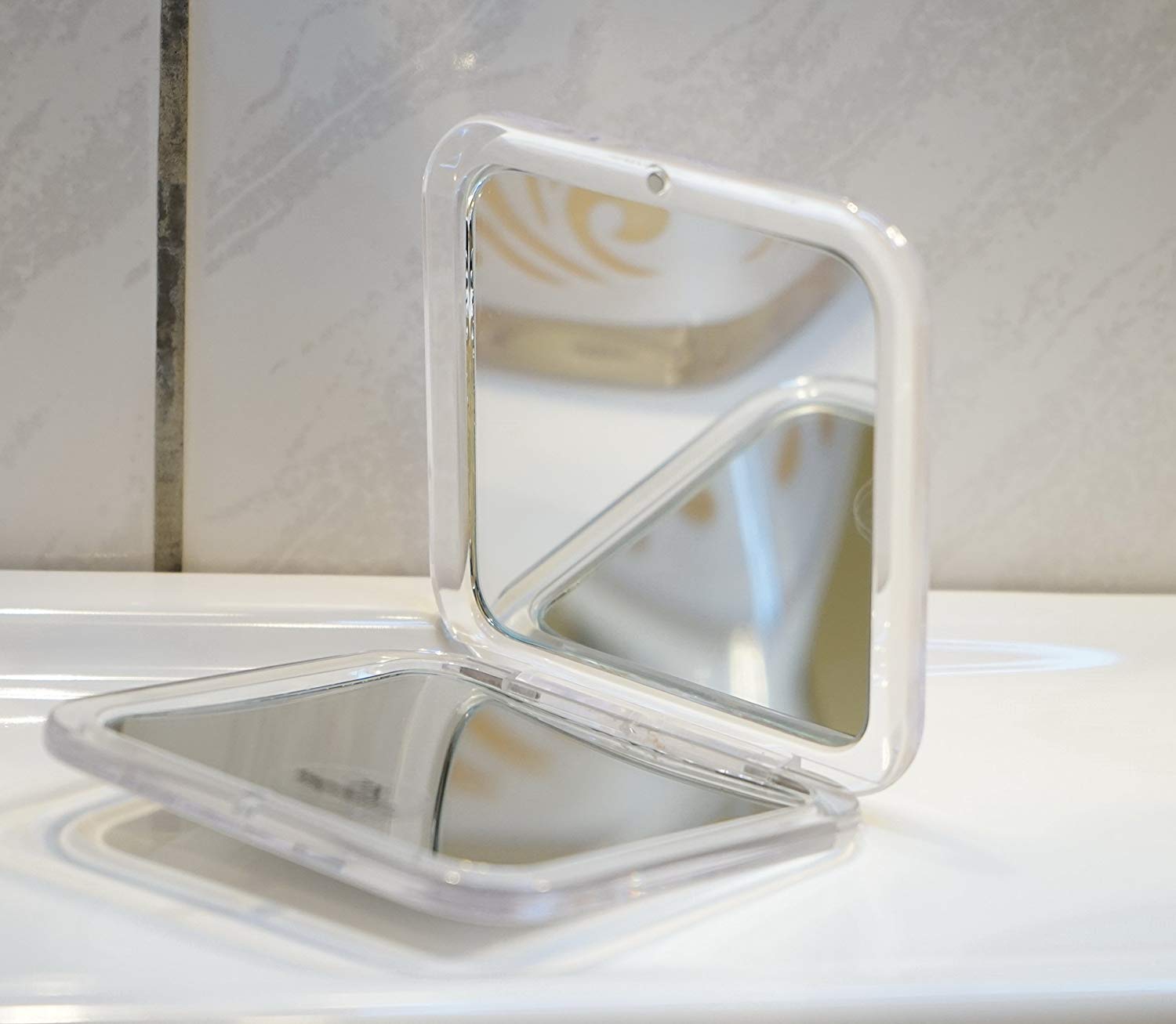 Fantasia Compact Mirror Square Plastic White Double-Sided Normal and 7x Magnification 8.5 x 8.5 cm Handy Folding Mirror - Image 3