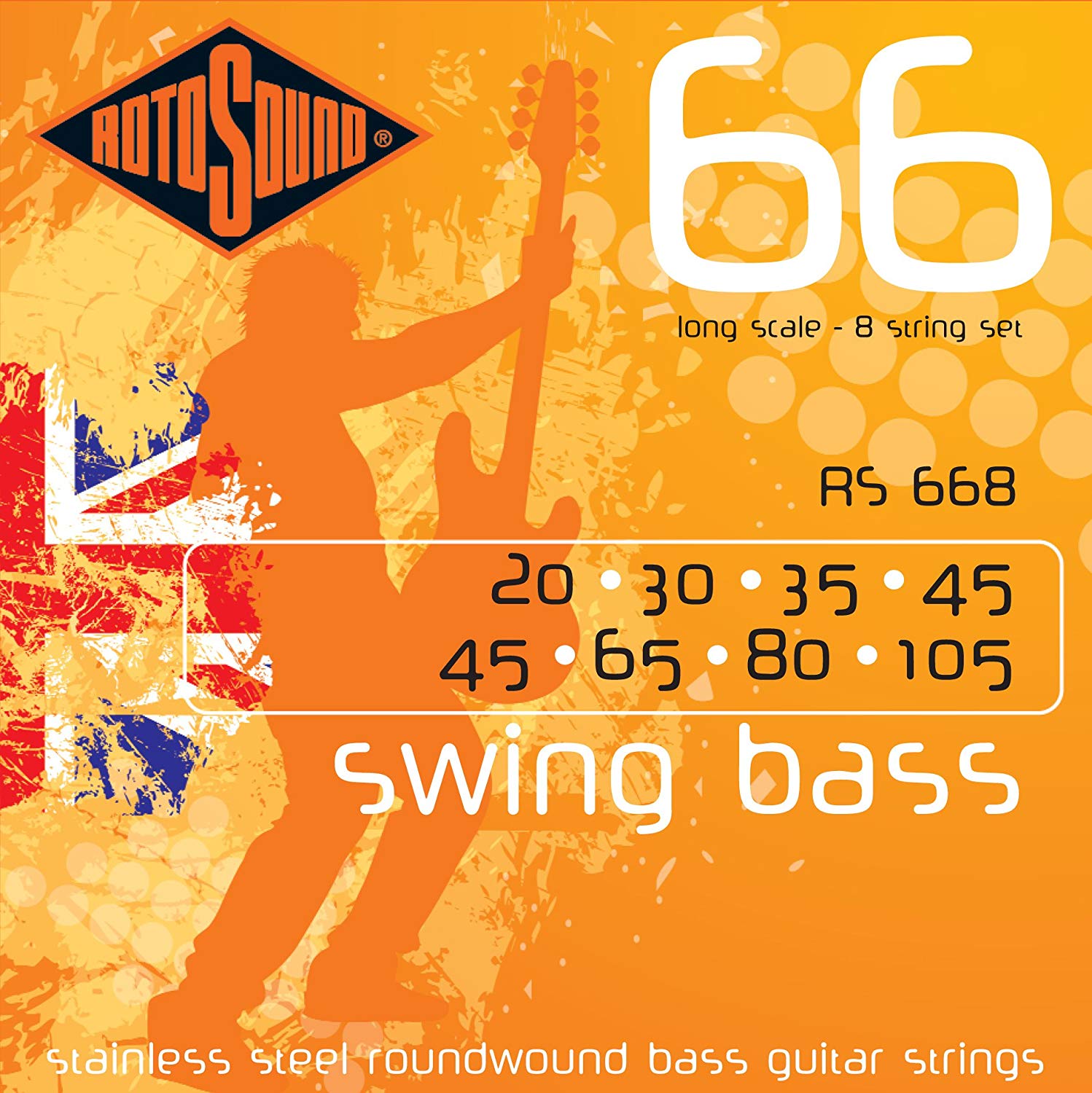 Rotosound Strings for Electric Bass SWING 66 STAINLESS SETS 8-string RS668 Stainless Standard 45-105, metallic silver