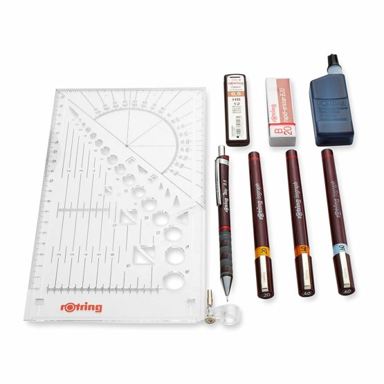 Rotring Isograph College Set 3X Technical Pens (0.20mm, 0.40mm, 0.60mm), 1x Tikky Pencil + Accessories, Red