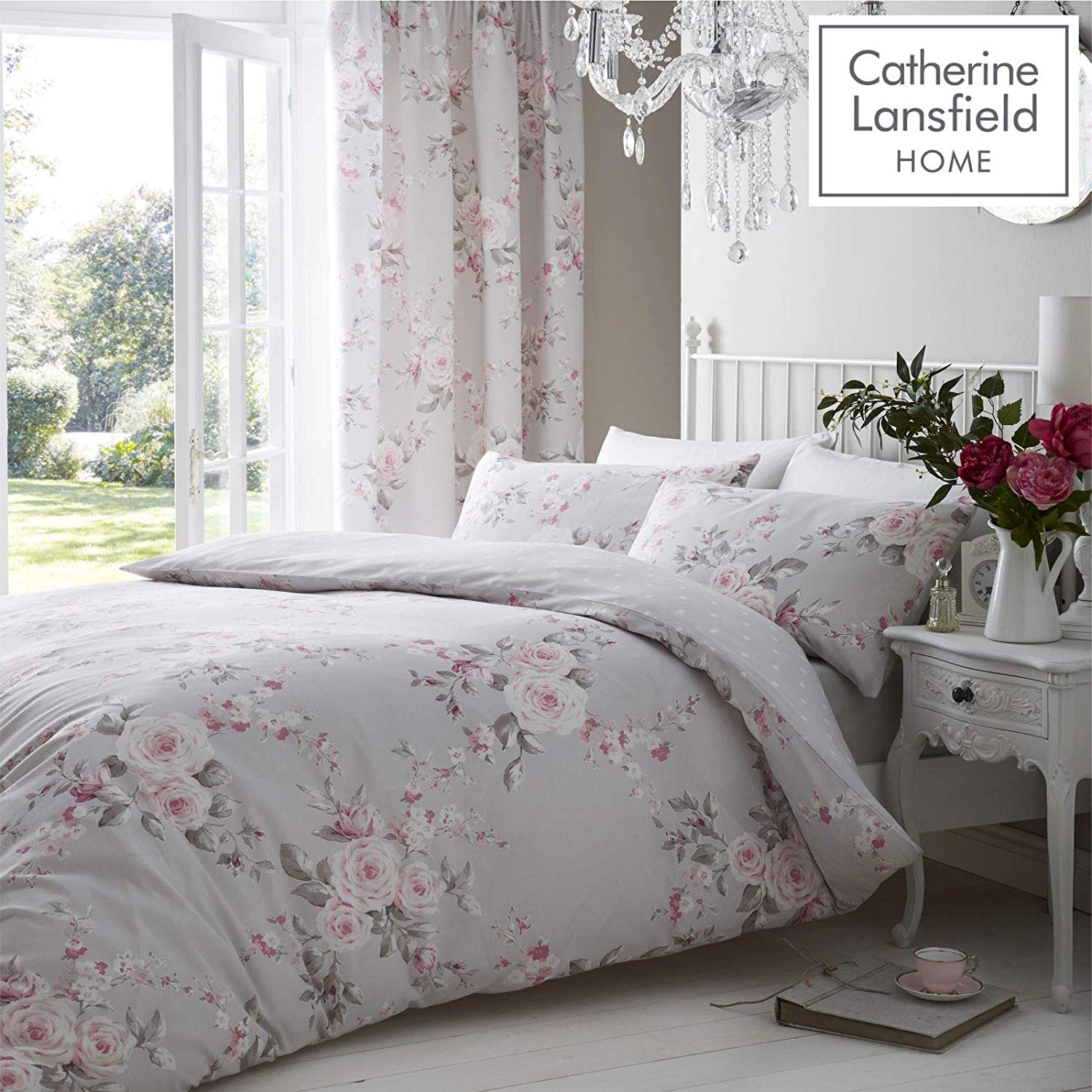 Catherine Lansfield Canterbury Floral 66x72 Inch Lined Eyelet Curtains Two Panels Grey, W 66" x L 72" (2 Panels) - Image 2