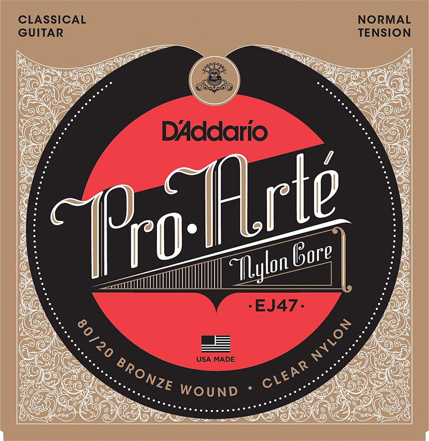 D'Addario Guitar Strings, Pro-Arte Classical Guitar Strings, EJ47, Nylon Guitar Strings, 80/20 Bronze Wound, Nylon Core