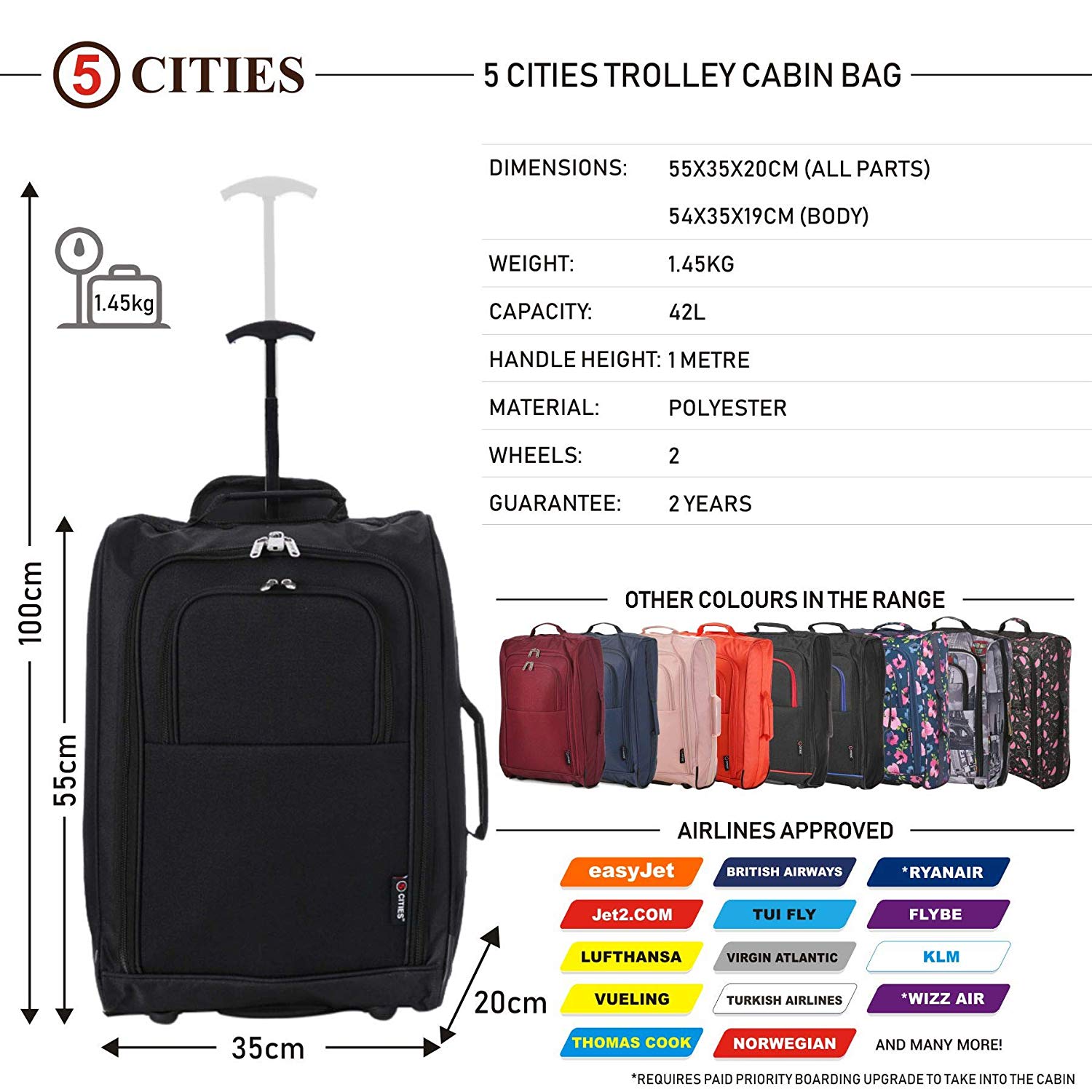 5 Cities The Valencia Collection Hand Luggage, 42 Liters, Plain Black Set of 2, 55 cm - Image 2