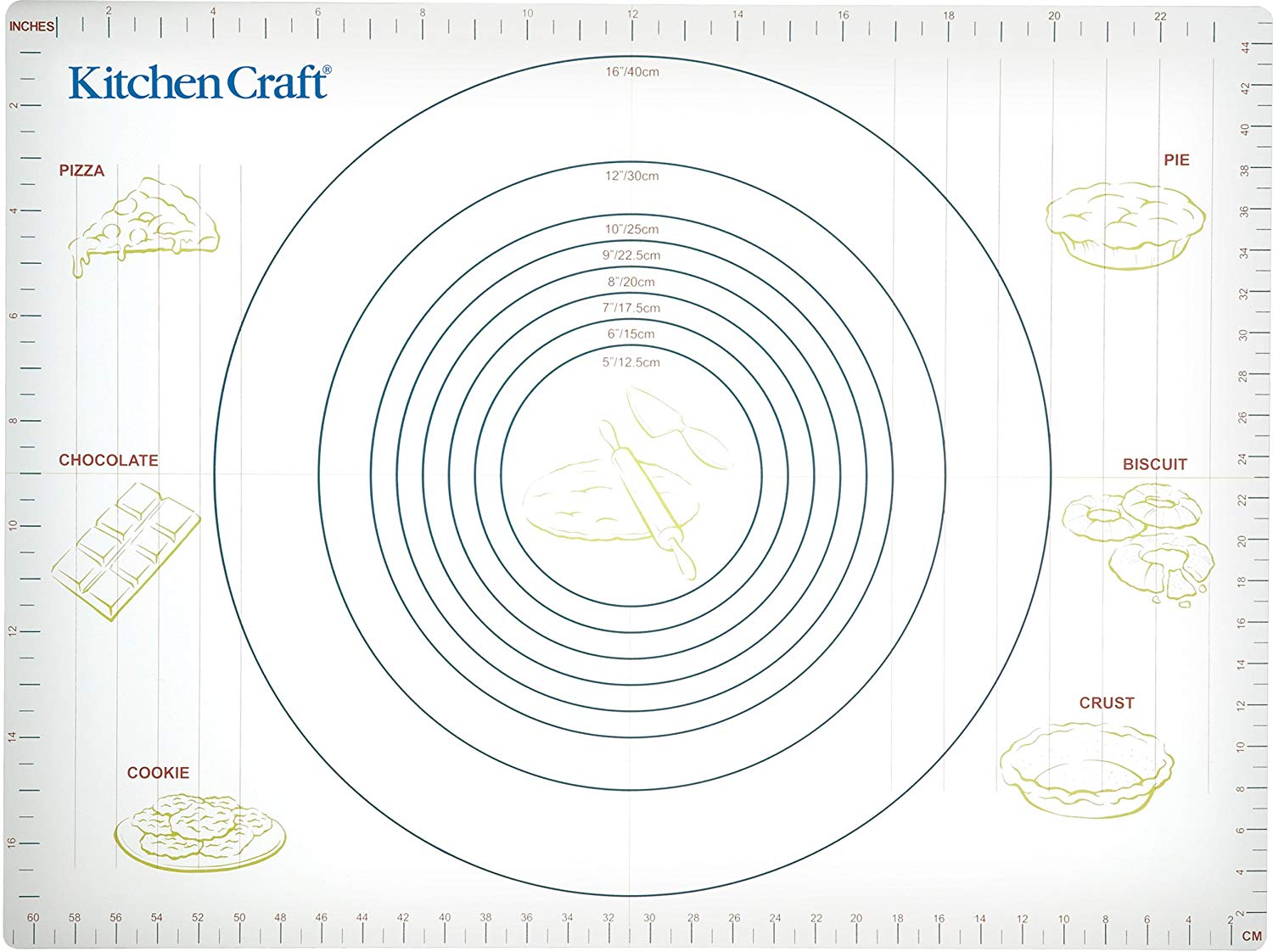 KitchenCraft Plastic Non-Stick Pastry Mat with Measurements, 61 x 45 cm (24" x 17"), White, Grey, 61L x 45W cm
