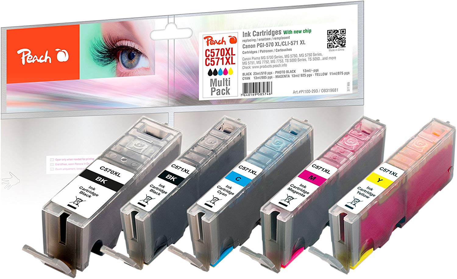 Peach Ink Cartridge XL, Black; Compatible with Canon Multi-Pack XL Cyan, foto Schwarz, Gelb, Magenta, Schwarz